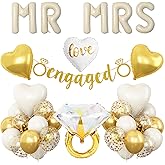 Sand White Engagement Party Decorations, MR and MRS Balloons Decor, White Gold Confetti Balloons, Love Heart and Diamond Ring Foil Balloon with Engaged Banner for Wedding Engagement Party Decoration