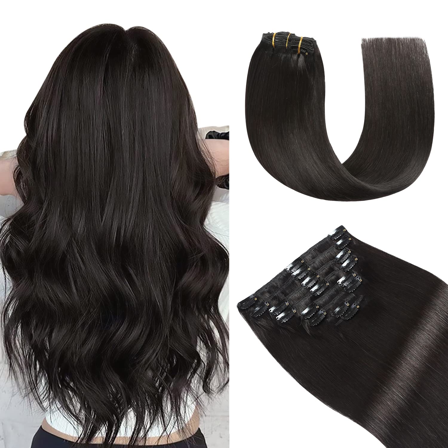 YILITE Hair Extensions Clip in 18 Inch Clip in Human Hair Extensions Real Human Hair Natural Remy Silky Straight Double Weft for Full Head Invisible #1B Off Black 8pcs 120g