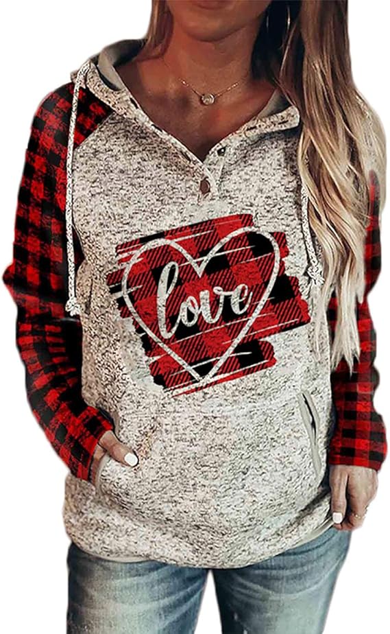 Amazon.com: Valentineâs Day Hoodie for Women, White Love in Heart Print Plaid Hooded Sweatshirt 