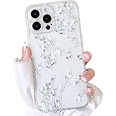 NITITOP Compatible with iPhone 15 Pro Case Cute Clear Flower Floral Artistic Design for Women Girls Stylish Slim Soft TPU Shockproof Protective Girly Phone Cover - White