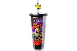Silver Buffalo Five Nights at Freddy's Plastic Cold Cup with Lid and Straw Topper Featuring Freddy Fazbear, Foxy, Chica, and Bonnie, 24 Ounces