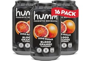Humm Probiotic Kombucha Zero Sugar Blood Orange, No Refrigeration Needed, Keto Friendly, Organic, Vegan, Gluten Free, 12oz Cans (16 Pack)