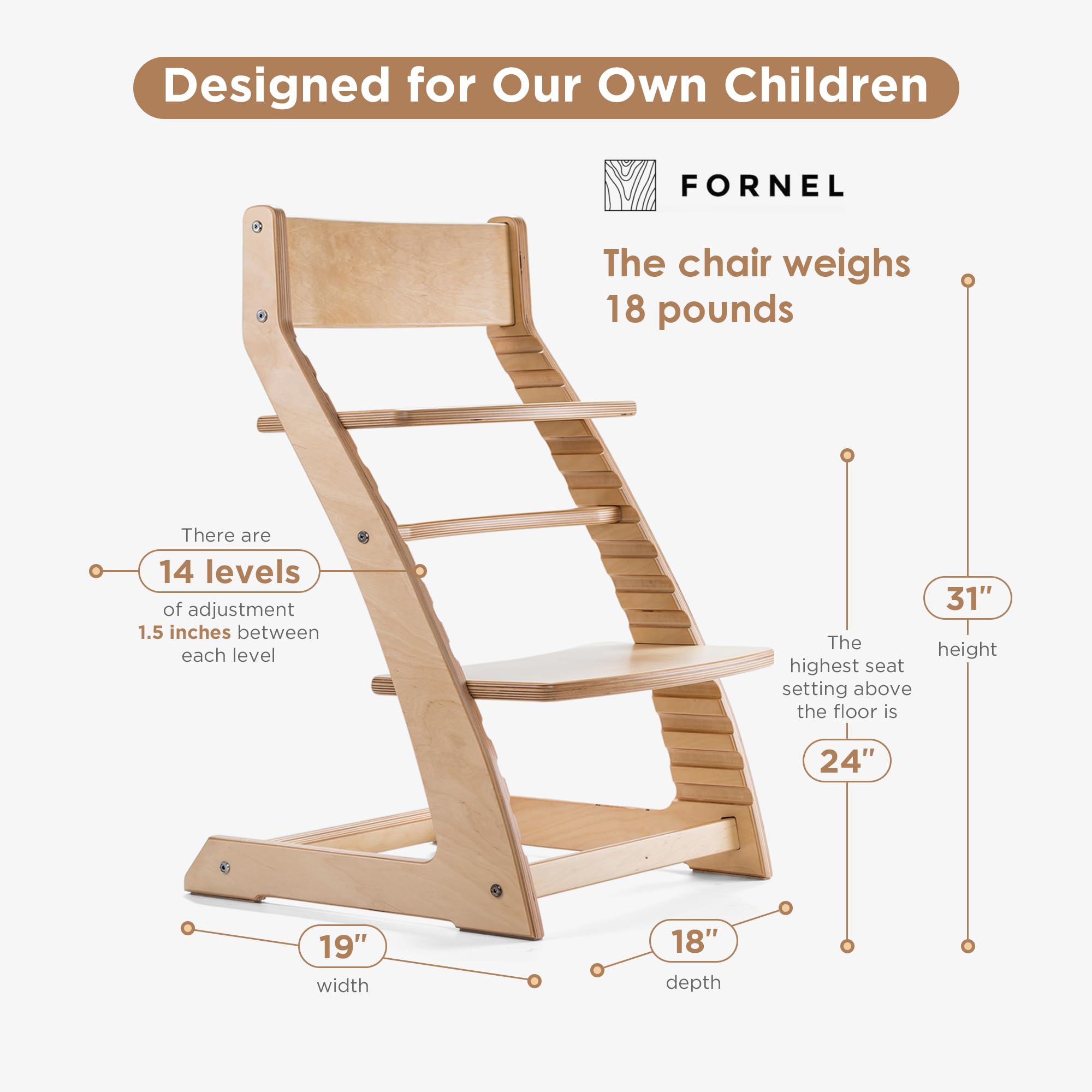 FORNEL Scandinavian Wooden High Chair | The Adjustable Grow-with-Me Chair, A Smart & Affordable Alternative to Stokke Tripp Trapp | Natural Wood Finish