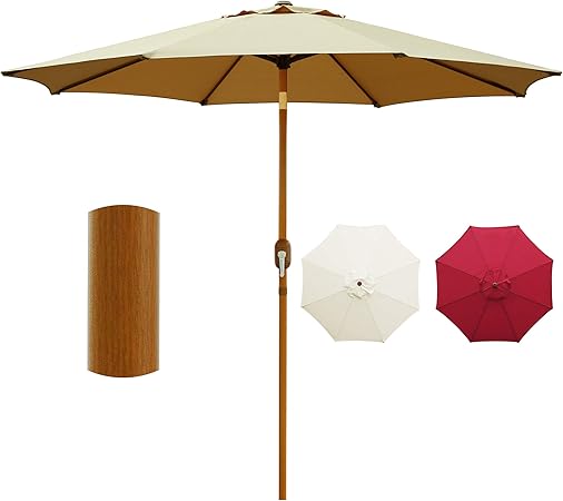 Blissun 9 Patio Umbrella Outdoor Market Table Umbrella With Push Button Tilt And Crank Wooden Coated Aluminum Pole 8 Ribs Tan Amazon Ca Patio Lawn Garden