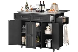 DWVO Kitchen Island on Wheels, Mobile Kitchen Island Cart with Folding Drop Leaf Breakfast Bar, Island Table for Kitchen with Large Storage Cabinets, Racks, Drawers and Adjustable Shelves, Black