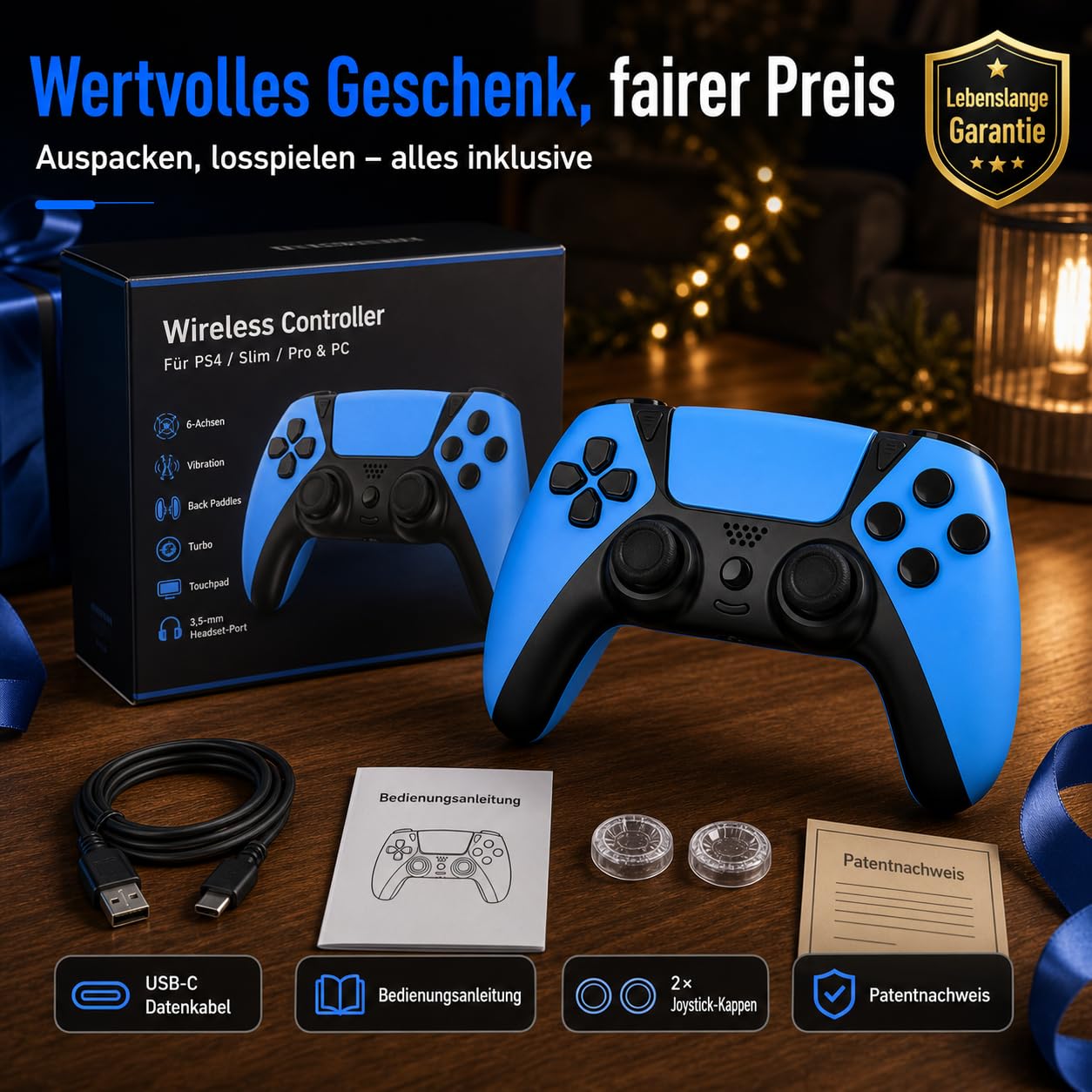 Wireless für PS4 Controller,Programmierbaren Tasten Turbo,ALPS-Sticks Blau 7