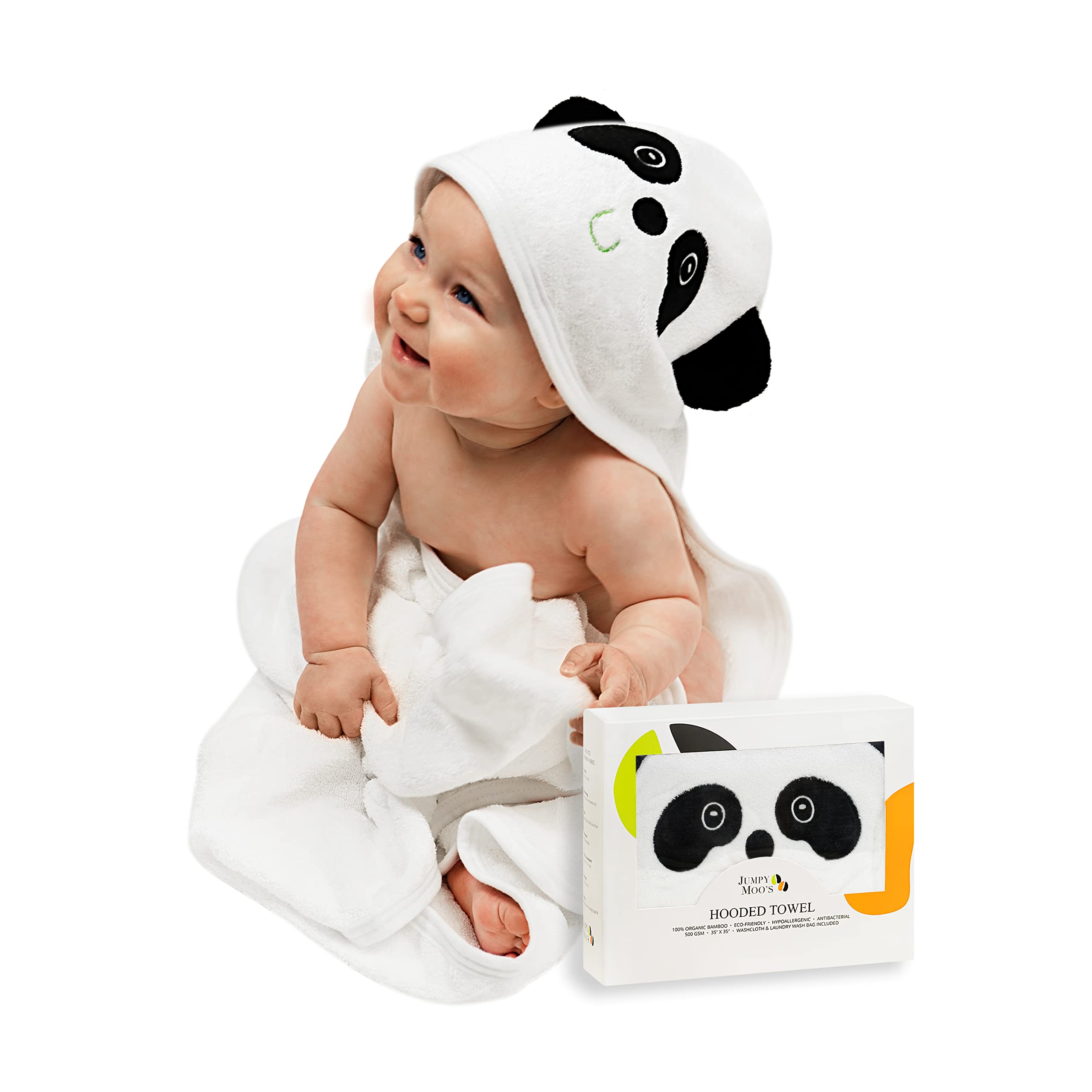 JM Premium Soft Hypoallergenic Baby Hooded Towel - 100% Organic Bamboo Baby Towels Newborn, Baby Bath Set - 35x35 inches, Cute Designs, Newborns to Kids Up to 5 Years - Panda