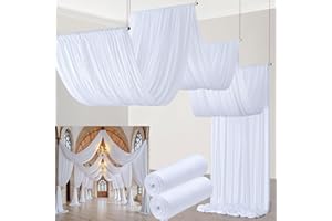 HTPER 10ftx30ft White Ceiling Drapes for Wedding Parties, Wrinkle Free Polyester 2 Panels 5x30ft Long Tent Curtains Draping Cloth Arch Drapery for Birthday Party Event Tent Canopy Venue Decoration