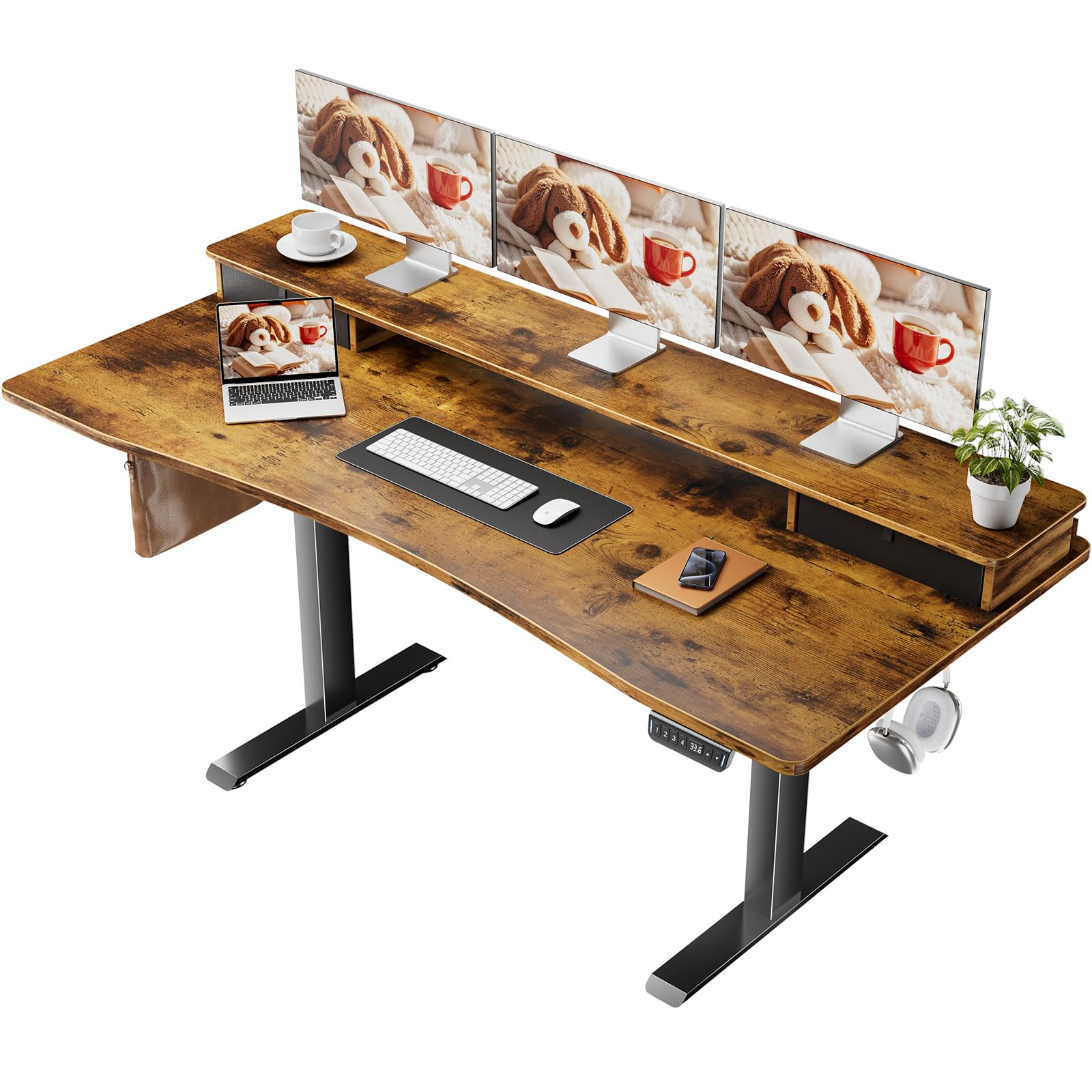 Photo 1 of ***SEE NOTES***
Veken 63"×27.6" Adjustable Standing Desk with Drawers, Ergonomic Computer Desk with Monitor Shelf, Home Office Desk for Work, Study, Gaming, Writing, Brown