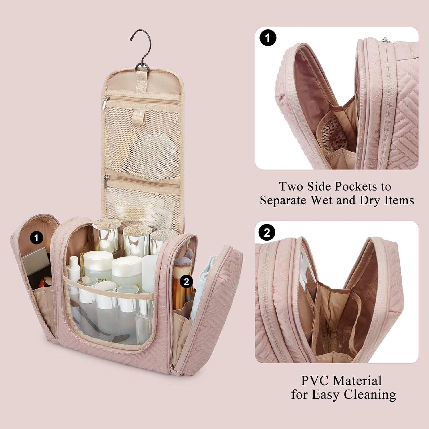 Toiletry Bag, BAGSMART Travel Toiletry Organizer with hanging hook, Water-resistant Cosmetic Makeup Bag Travel Organizer for Shampoo, Full Sized Container, Toiletries, Pink