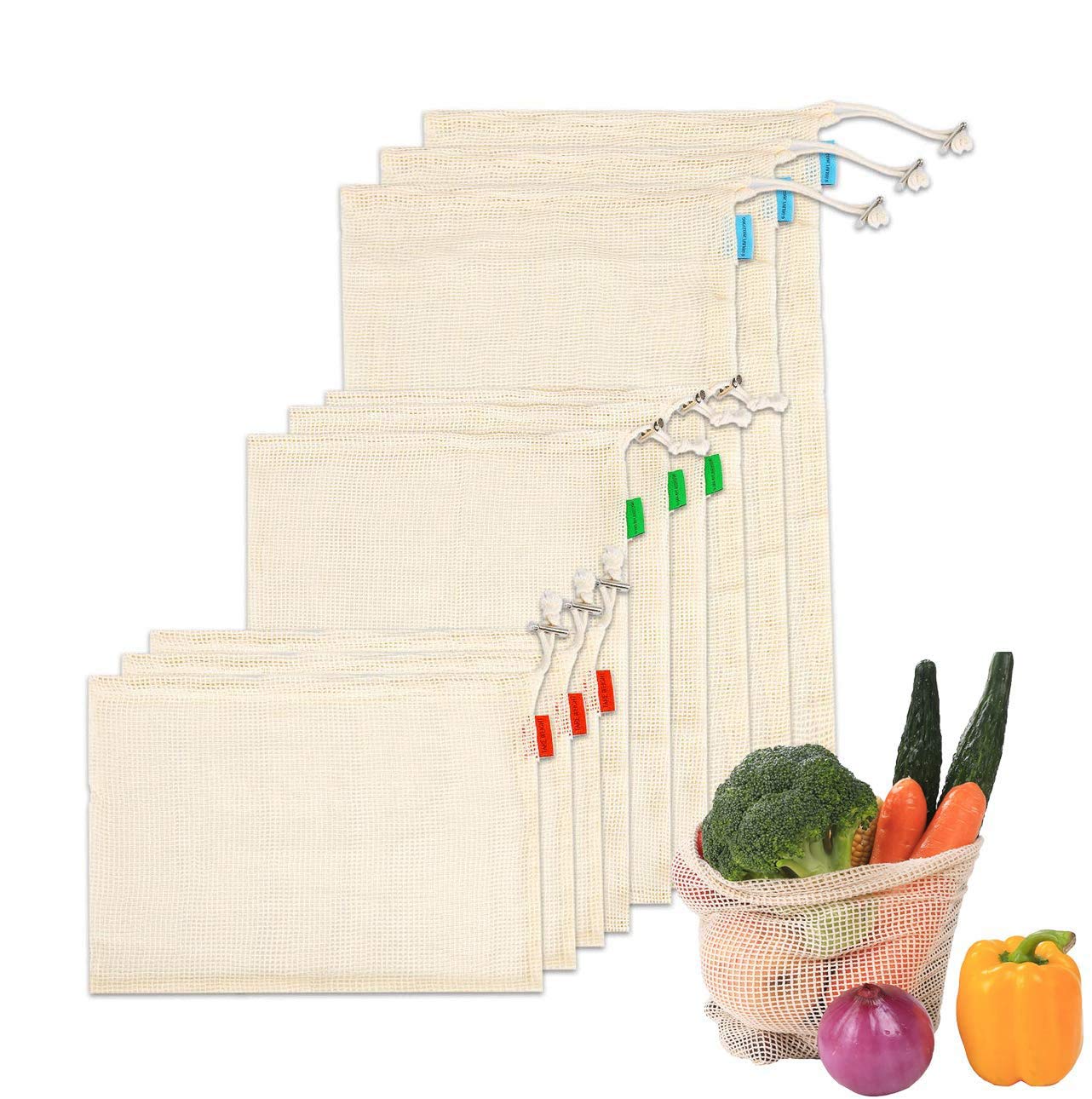 OSLAMP 9 Pack Reusable Mesh Cotton Produce Bag with Tare Weight on Tags Drawstring Washable Zero Waste Biodegradable for Grocery Shopping Fruit Vegetable