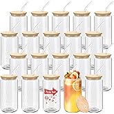 WHEATHUSK 20 Pack Glass Cups with Bamboo Lids and Glass Straws 16oz Clear Glass Tumblers Beer Can Shaped Drinking Glasses Iced Coffee Cups, Cute Tea Cups for Whiskey, Soda, Cocktail, Gift