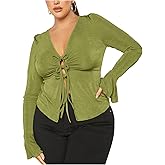 WDIRARA Women's Plus Size Tie Front Deep V Neck Tee Shirts Long Bell Sleeve Ruched Tops