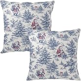 Wnoesat Chinoiserie Toile Christmas Santa Claus Pillow Covers 18x18 | Set of 2 Xmas Vintage Blue Pine Tree Woodland Decorative Throw Pillow Rustic Farmhouse Outdoor Cushion Covers for Sofa Couch