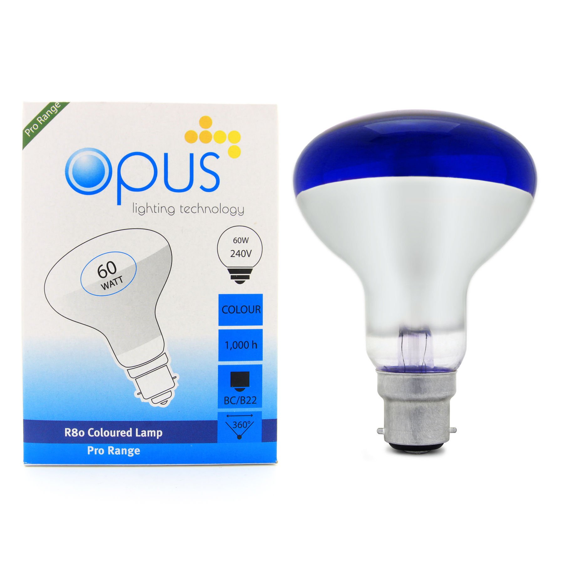 5 x Opus 60W R80 Bc B22 Bayonet Cap Blue Coloured Disco Spot Light Dimmable Reflector Bulbs Pack