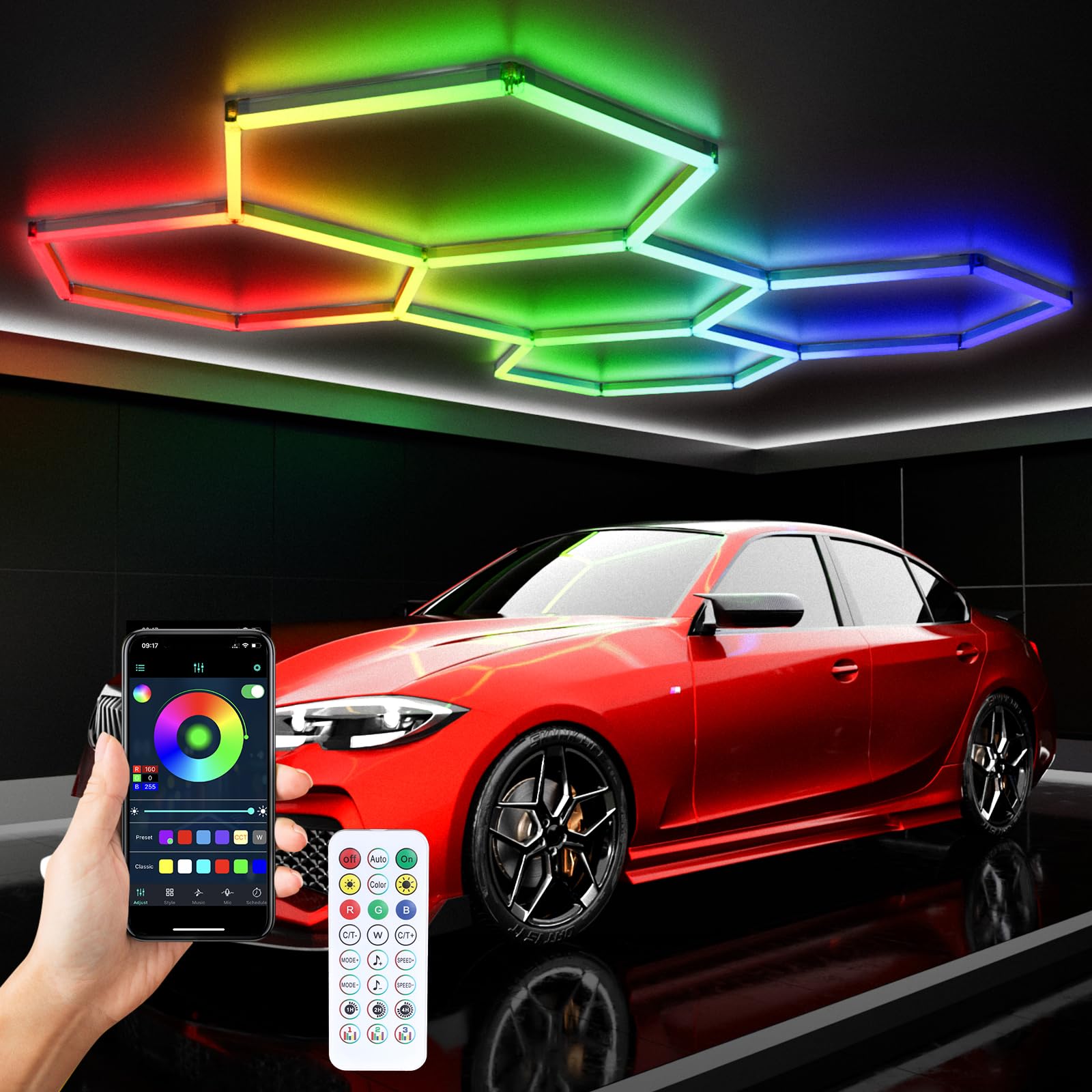 Photo 1 of CyanCliff RGB Hexagon LED Light 5-Grid | Hexagon Garage Lights | 356 Color Modes | Music Sync | Smart App & Remote Control | Gaming Room Garage Bedroom Lighting