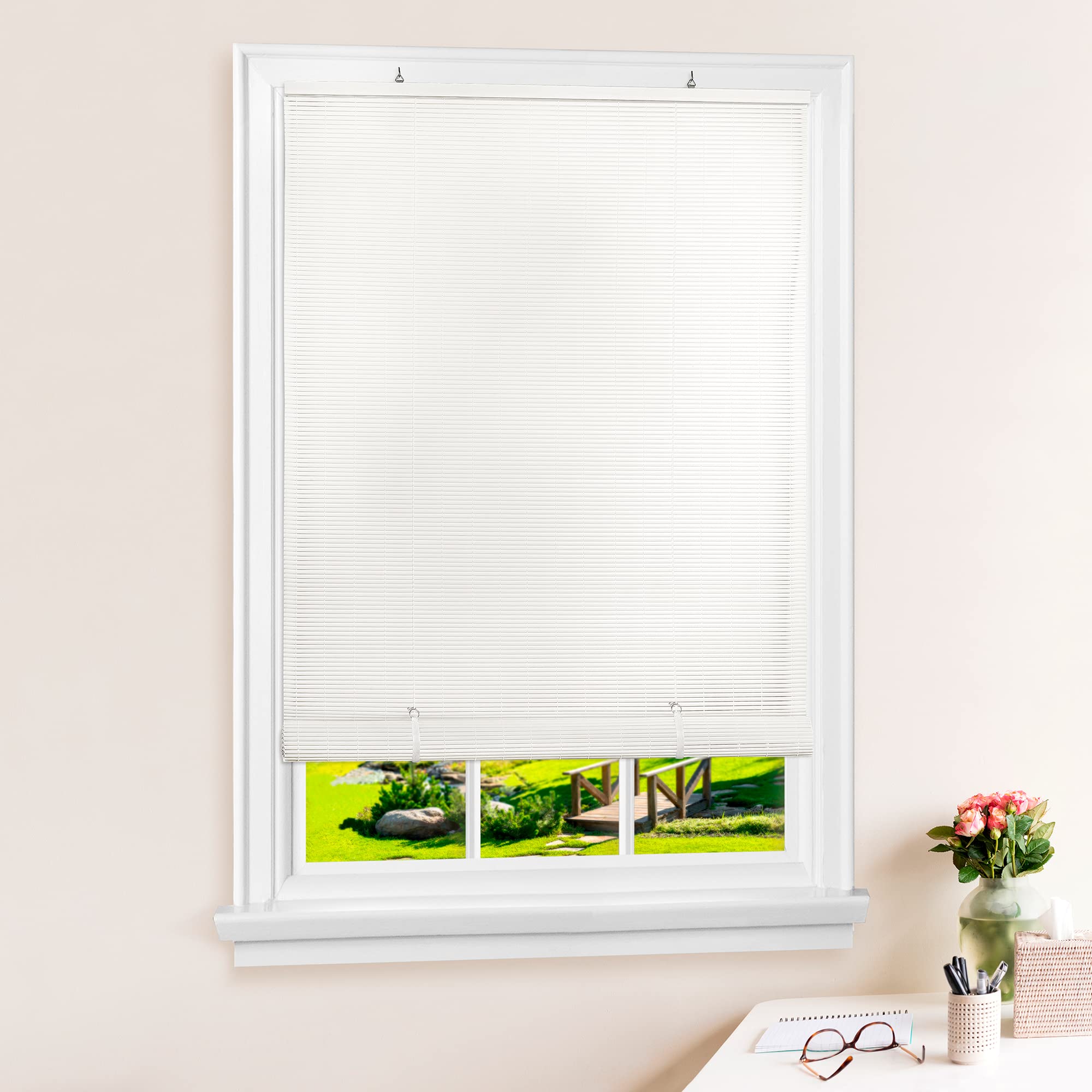 Photo 1 of Cordless Solstice Vinyl Roll-Up Blind - 72 Inch Width, 72 Inch Length, Quarter Inch Vinyl Slats - White - Soft Light Filtering Horizontal Windows Blinds for Indoor & Ourdoor by Achim Home Decor
