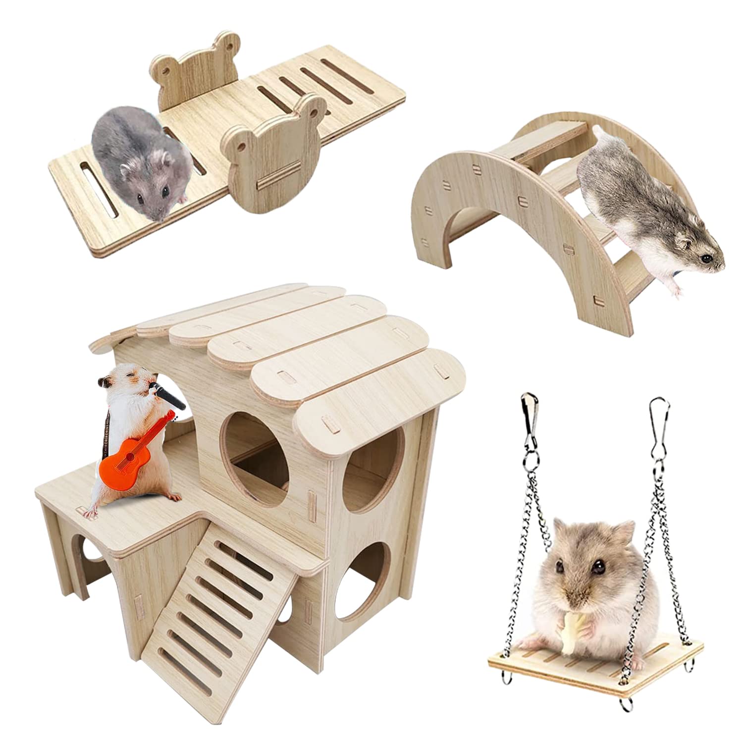4 Pieces Hamster Toys, Including Wooden Hamster House Seesaw Bridge and Swing, Boredom Breaker Activity Toys for Gerbil Guinea pig Syrian Hamster Dwarf Hamster