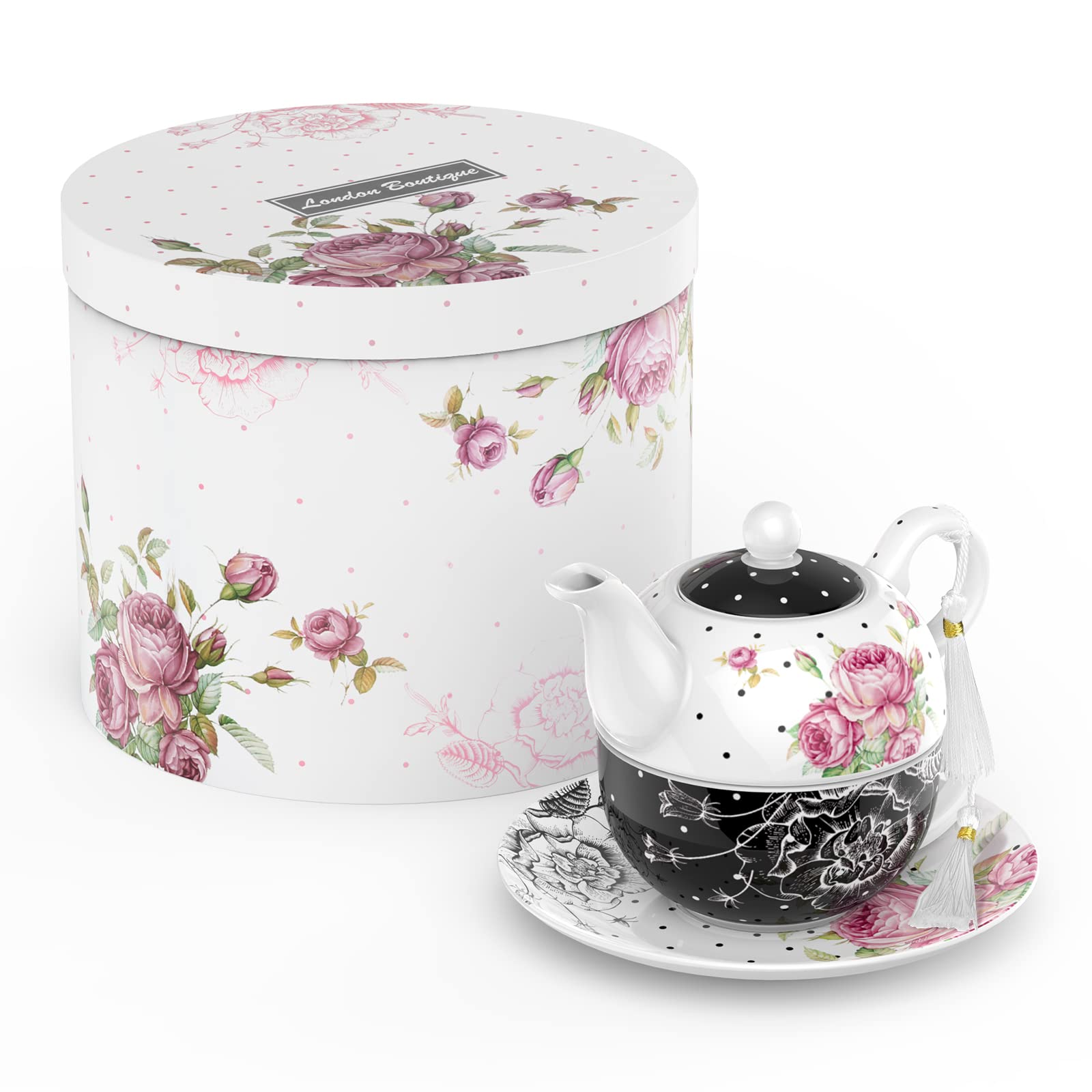 London Boutique Tea for One Teapot Teacup Saucer Set Afternoon Tea Set for 1 New Bone China Vintage Flora Gift for Women 350m (Black)