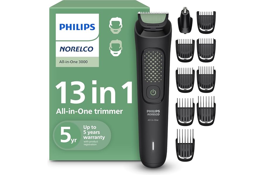 Philips Norelco All-in-One 3000 Series 13 in 1 Trimmer, Beard Styler & Men’s Hair Clipper, 9 Length Settings & Self-Sharpening Skin-Friendly Blades, MG3919/50