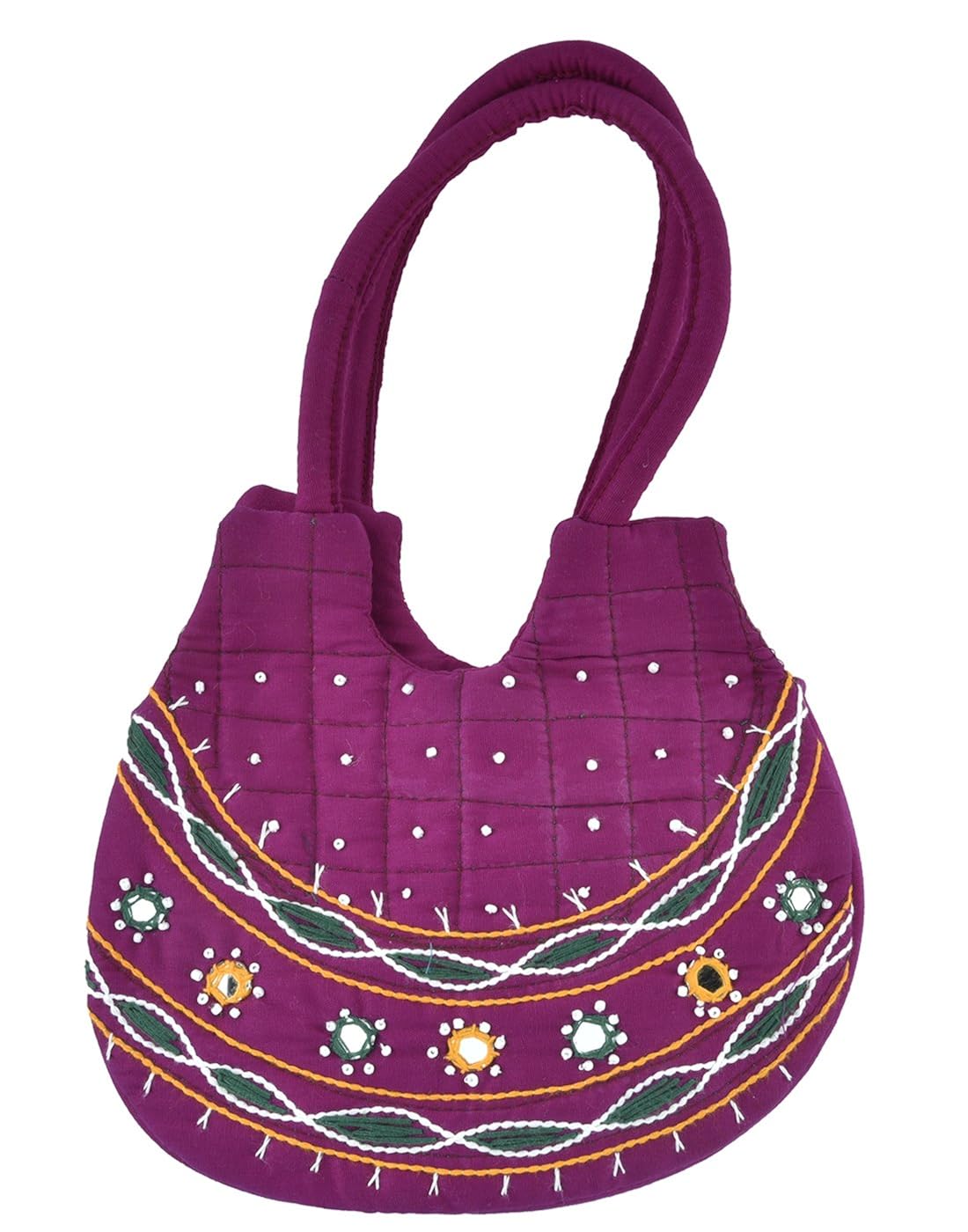 belladona small pot cut mirror work bag in rani pink