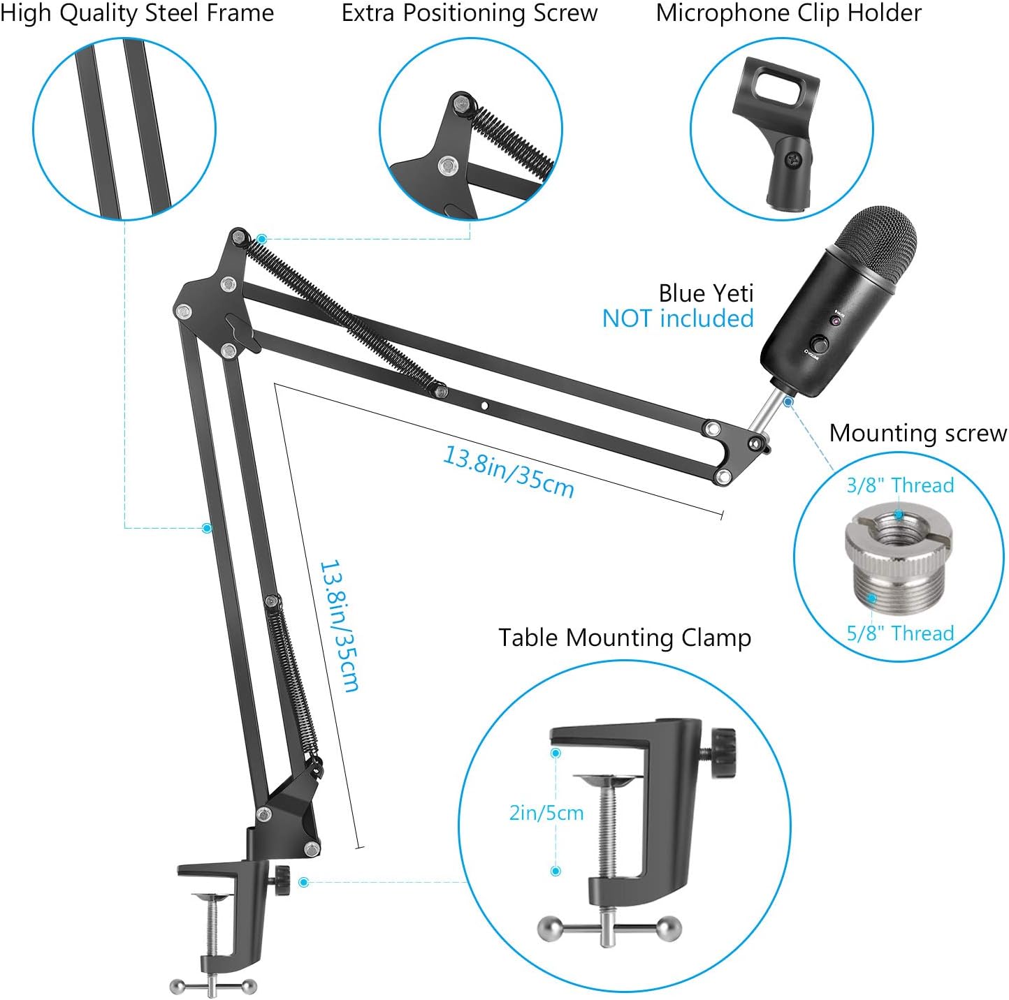 InnoGear Heavy Duty Microphone Stand with Mic Microphone Windscreen and Dual Layered Mic Pop Filter Suspension Boom Scissor Arm Stands for Blue Yeti,Blue Spark and Other Mic: Musical Instruments