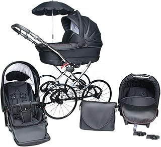 SKYLINE Klassisch Retro Stil LUX Kombi-Kinderwagen Buggy 3in1 Reise System Autositz (Isofix) (Schwarz/17&#34;Hartgummi Bereifung)