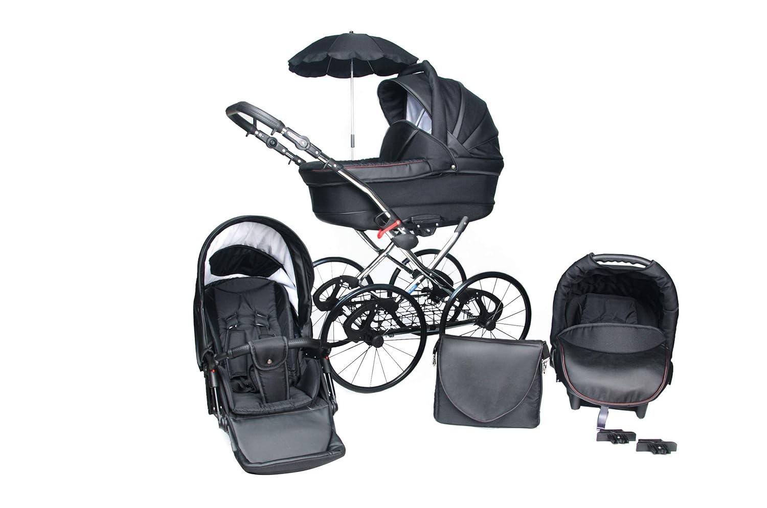 SKYLINE Klassisch Retro Stil LUX Kombi-Kinderwagen Buggy 3in1 Reise System Autositz (Isofix) (Schwarz/17&#34;Hartgummi Bereifung)