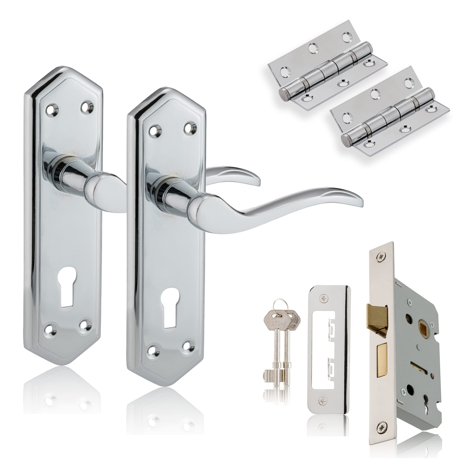 XFORT Chrome Elegance Range Polished Chrome London Suite Lever Lock Pack, Complete Set with Lock Door Handles, 65mm Sashlock and 75mm Ball Bearing Hinges, for Internal Wooden Doors — image 1