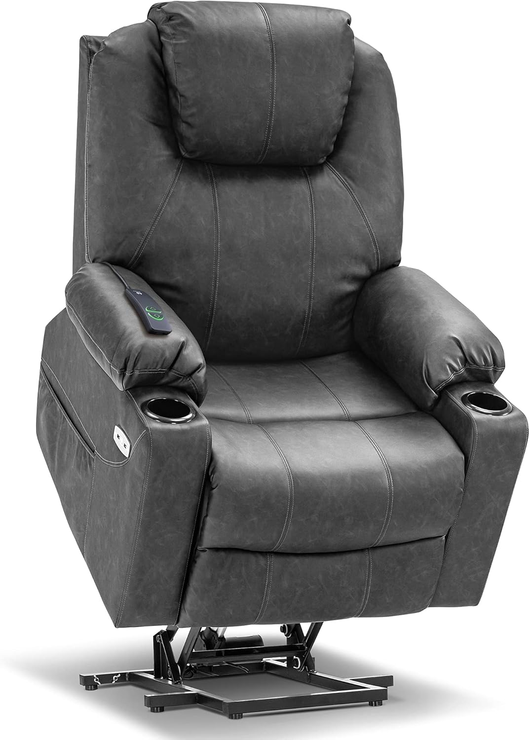 Mcombo Large Power Lift Recliner Chair with Massage and Heat for Elderly Big and Tall People, 3 Positions, 2 Side Pockets and Cup Holders, USB Ports, Faux Leather 7517 (Large, Gray)