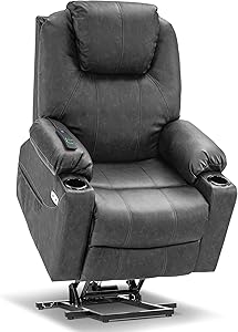 Mcombo Large Power Lift Recliner Chair with Massage and Heat for Elderly Big and Tall People, 3 Positions, 2 Side Pockets and Cup Holders, USB Ports, Faux Leather 7517 (Large, Gray)