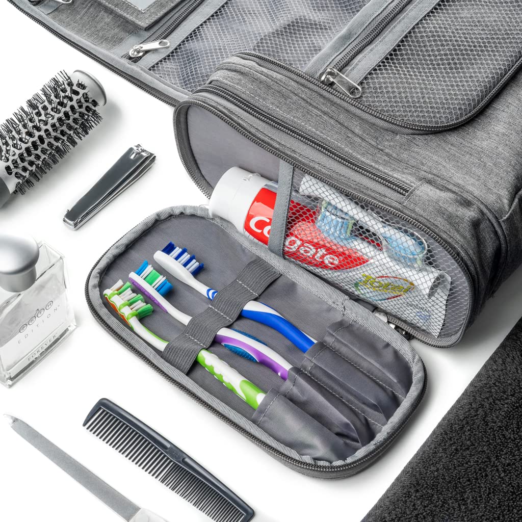 Obics Kulturbeutel Herren & Damen Gross grau 8L XL - Kulturtasche zum Aufhängen & mit Spiegel - Toiletten-Tasche mit Henkel hängend - Kosmetik-Beutel groß - Waschtasche 10 Fächer für Camping Reisen 6