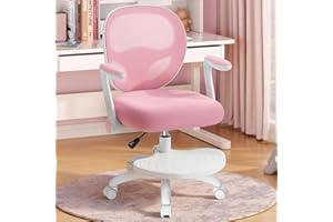 HOFFREE Kids Desk Chair Ergonomic Study Chair with Flipped Armrest and Footrest Adjustable Height Swivel Kids Computer Chair Mesh Desk Chair for Boys Girls Children in Home Bedroom Study Room Pink