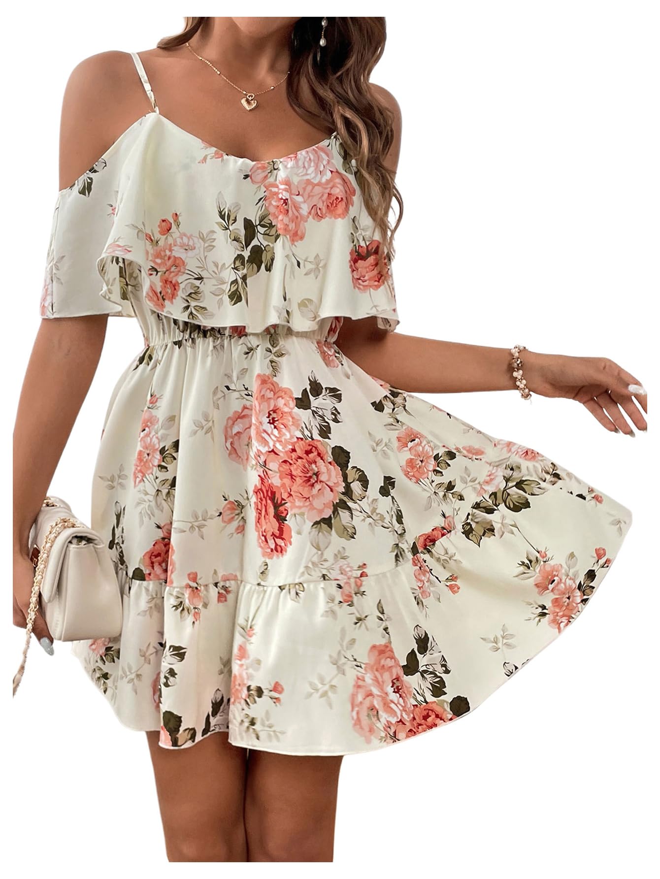 Photo 1 of ** USED** SOLY HUX Women's Boho Floral Print Cold Shoulder Dress Short Sleeve Ruffle A Line Vacation Elegant Mini Dresses Multicoloured Floral SIZE  Large