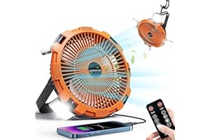 TREKKINGLAMB Camping Fan with LED Lantern, 8000mAh Rechargeable Battery Powered Camping Fan with Remote & Hook,4 Speeds,USB-C Charging Outdoor Tent Fans for Home,Travel,BBQ,Fishing,Sleep,Emergency (Orange)