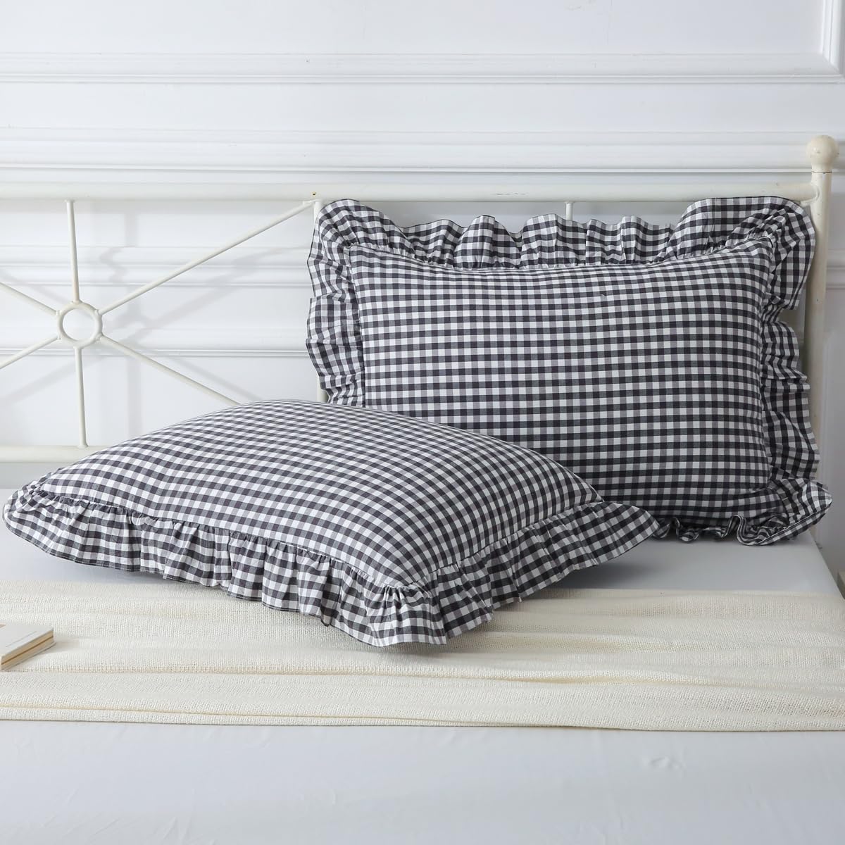 Mywinlle Black/White Plaid Ruffle Pillow Shams Queen Size Set of 2,Checkered Washed Cotton Gingham Pillow Covers Farmhouse Pillowcases 20"x30" Image