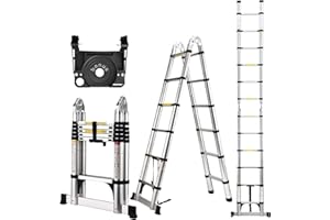 SOCTONE Telescoping Ladder A Frame, 12.5 Ft Compact Aluminum Extension Ladder, Portable Telescopic RV Ladder for Outdoor Camper Trips Motorhome with Tool Platform and Stabilizer Bar, 330 lb Capacity