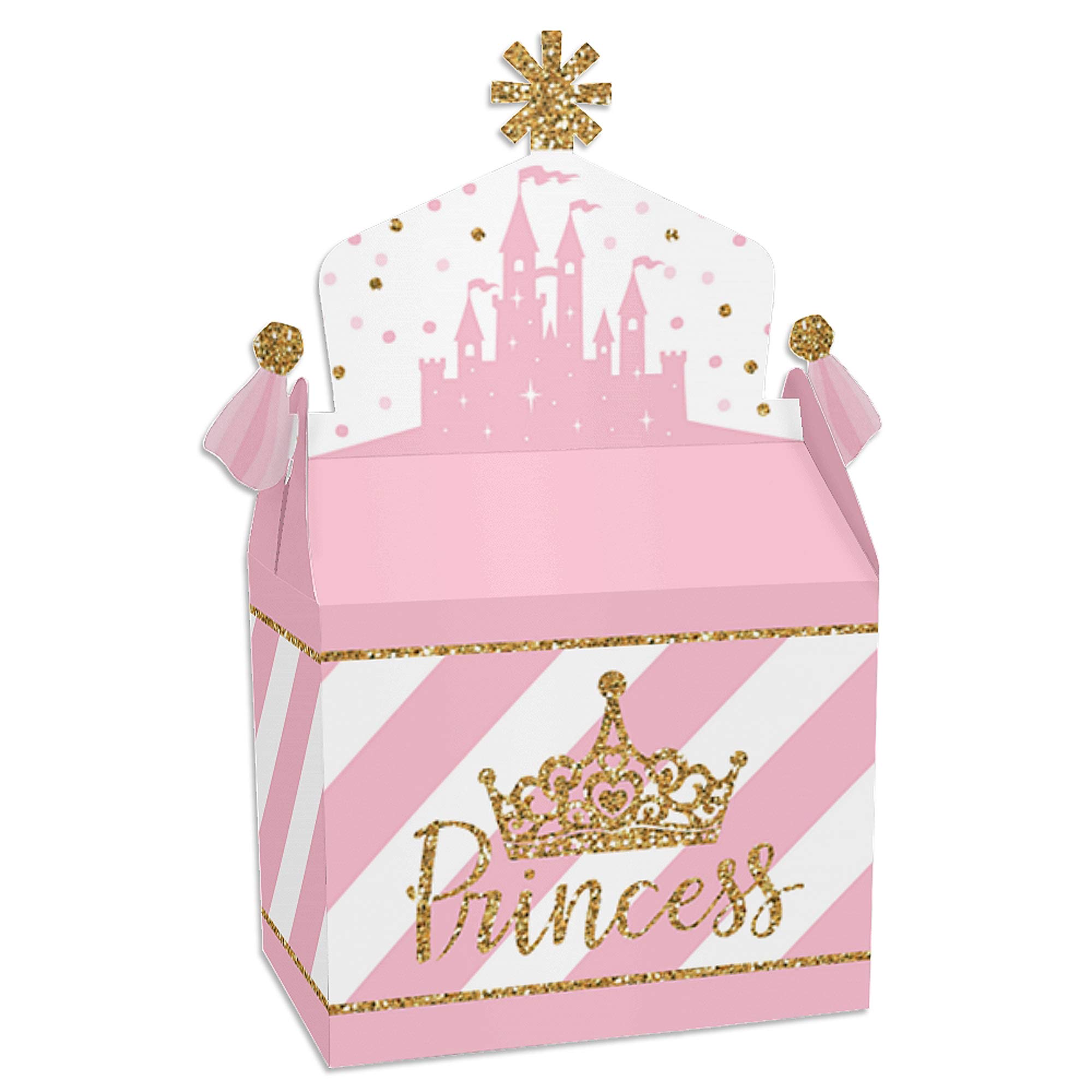 Big Dot of Happiness Little Princess Crown - Treat Box Party Favours - Pink and Gold Princess Baby Shower or Birthday Party Goodie Gable Boxes - Set of 12