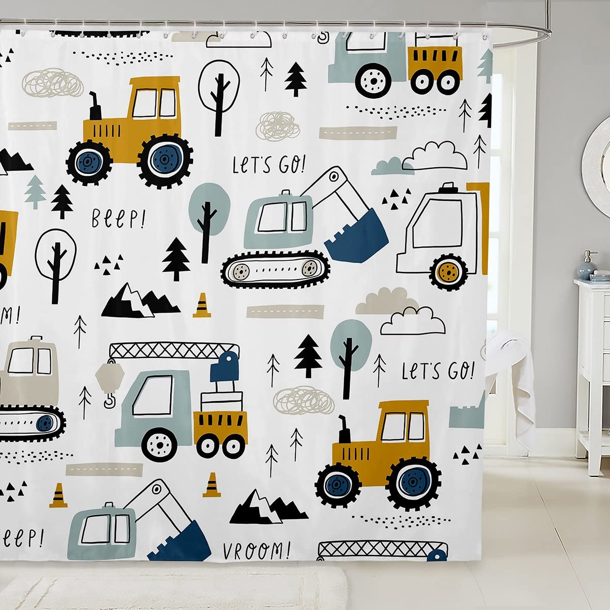 Loussiesd Cartoon Car Kids Shower Curtain Construction Bath Curtain Decor Equipment Trucks Bathroom Shower Curtain Set Cartoon Car Excavator Tractor White Yellow Kids Bathroom Accessories 180X180cm — image 1