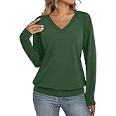 EasyGala Womens V Neck Long Sleeve Shirts Banded Bottom Cute Loose Fit Tops Dressy Casual Outfits for Fall Spring