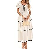 BerryGo Womens Summer Flowy Wedding Guest Maxi Dress Smocked Tiered Boho Casual Short Sleeve Square Neck Ruffle Dresses