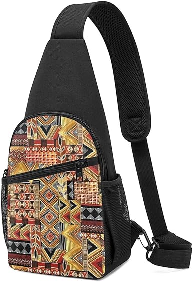 Mochila bandolera de tela africana con diseño de retazos, Negro, Talla