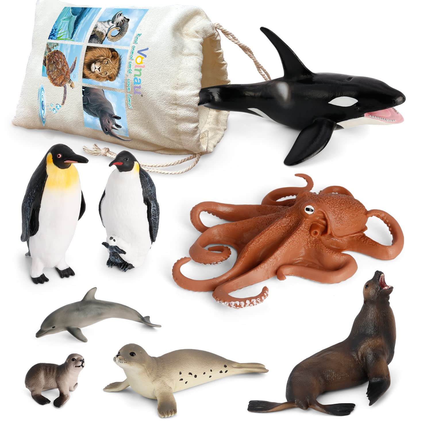 Volnau Sea Creature Toys 8PCS Antarctica Ocean Animal Figurines for Toddlers Kids Sea Life Toy Pack Preschool and Bath Plastic Fish Toy Penguin Killer Whale Decorations Figures Set