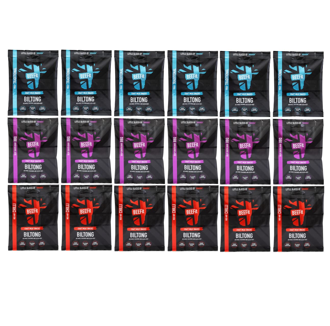 BEEFit Biltong Beef Jerky Flavour Fest - One Bag of Each Flavour - Traditional, Red Hot Chilli & BBQ - Healthy High Protein Snacks, Gluten Free, Perfect for On-the-Go (18x30g)