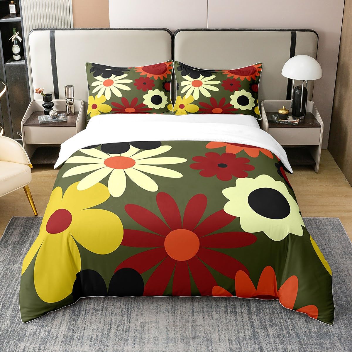 Vintage Floral 100% Cotton Duvet Cover Double for Kids,60S 70S Groovy Blossom Comforter Cover Grunge Room Decor for Teens Girls,Retro Hippie Flowers Bedding Set Green Quilt Cover with 2 Pillowcases