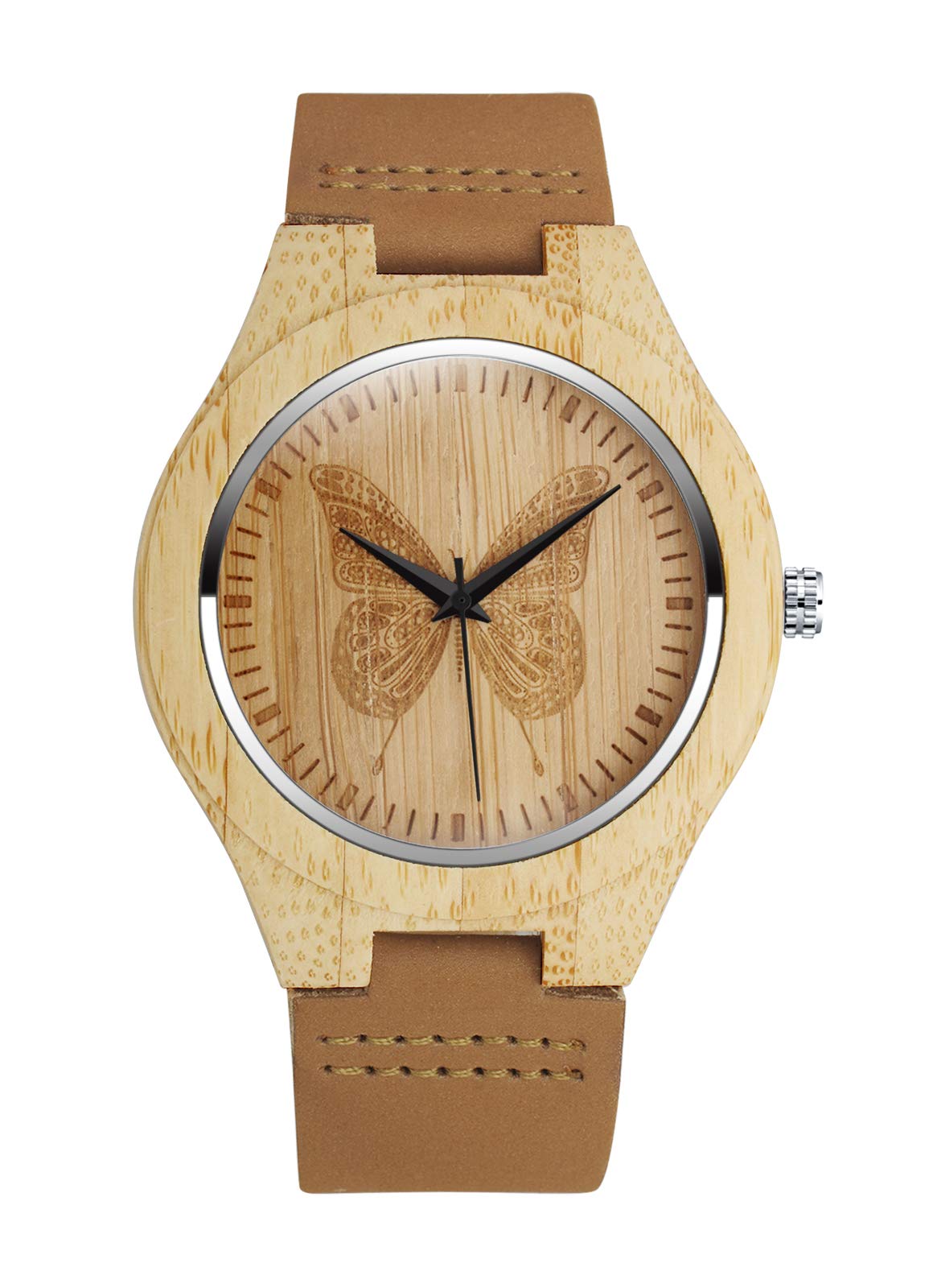 MicLee Men's Women's Wrist Watches, Men's Women's Bamboo Wood Watch, Butterfly Pattern Wooden Watch, with Leather Band, Natural Wood Quartz Watch, Decorative Casual Watch