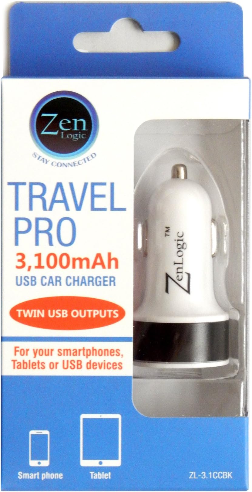 Zen Logic ZL-3.1CCBK Dual USB Car Charger for Universal/SmartPhones - Retail Packaging - White