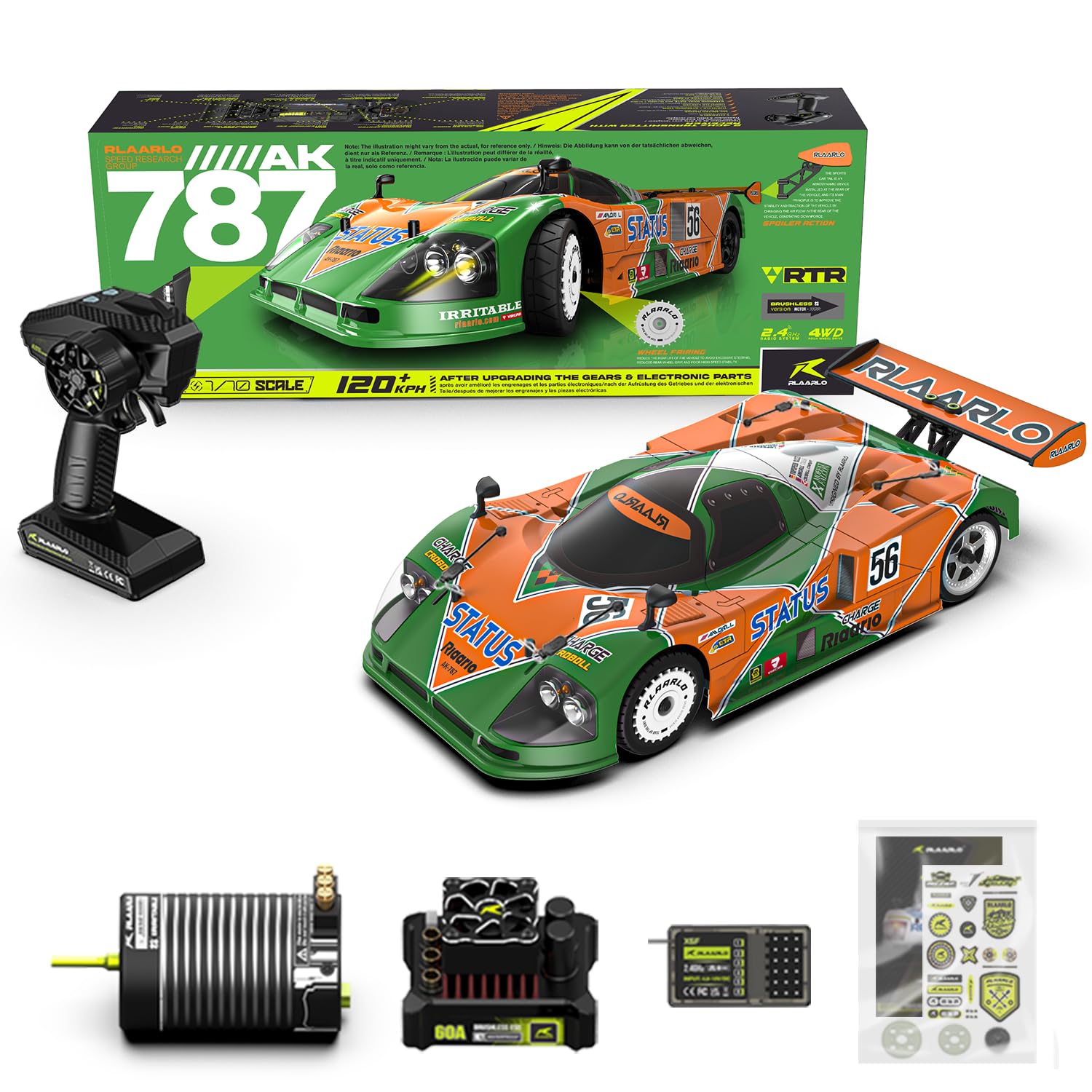 AMORIL 1:10 AK-787 Fast Brushless RC Cars,Top Speed 120KM/H Large Remote Control Cars with 6 Lights for Adults,4x4 On-Road Hobby Racing Vechile with Aluminum Shaft,Rubber Tire,Green