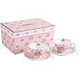 London Boutique Coffee Tea Cups and Saucers Set of 2 Vintage Flora Rose Lavender Porcelain Gift Box (Rose Pink 2pc Set)