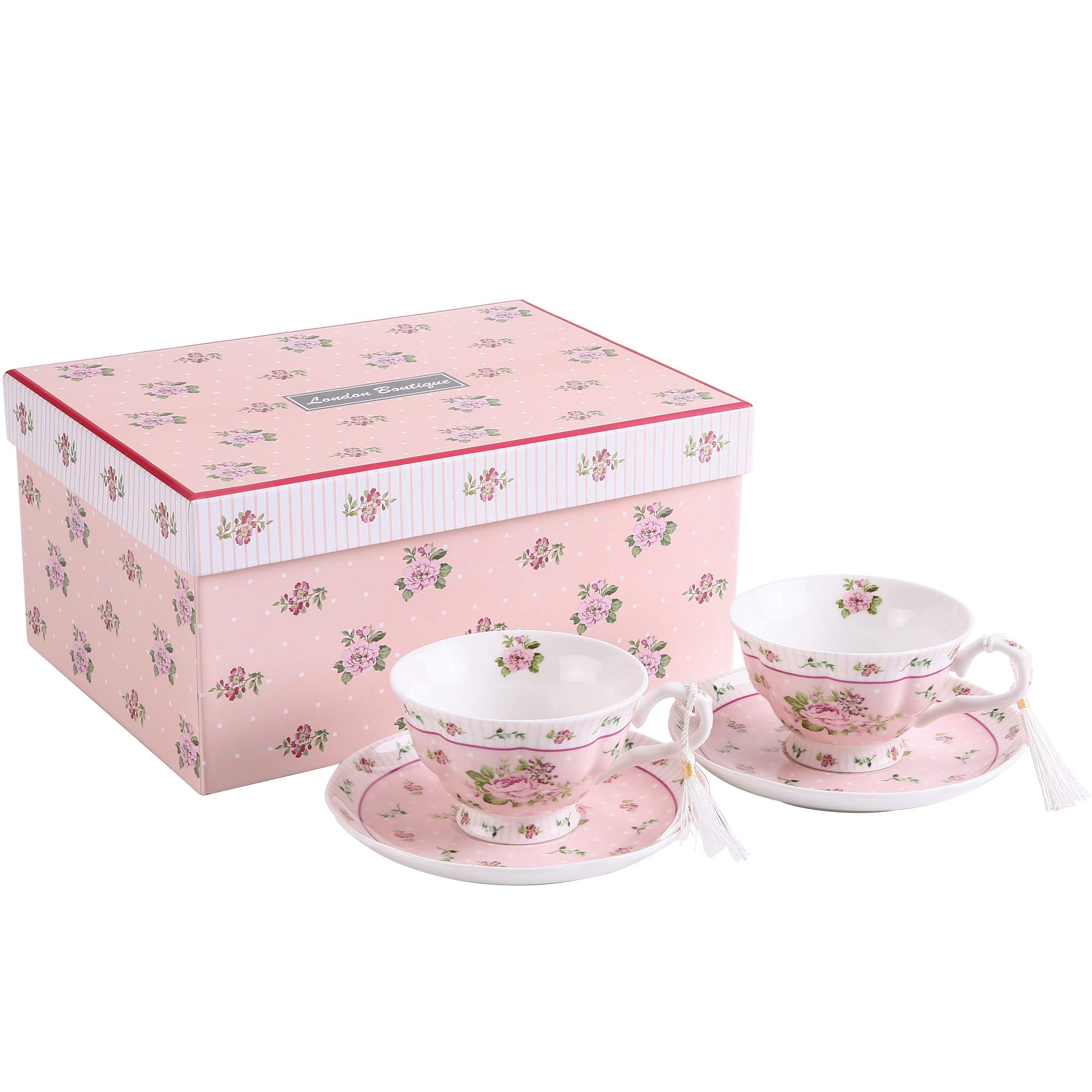 Coffee Tea Cups and Saucers Set of 2 Vintage Flora Rose Lavender Porcelain Gift Box (Rose Pink 2pc Set)